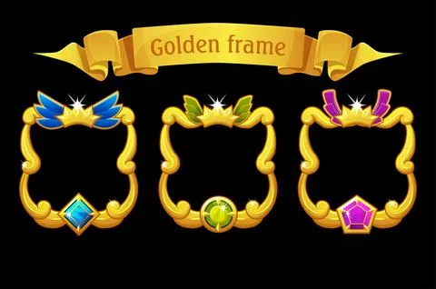 Gold frame with gem, square template with ribbon for ui game. Stock-Illustration
