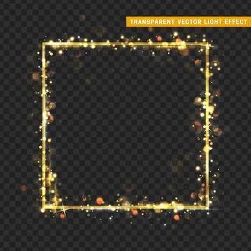 Gold frame with glowing lights and sparkle bokeh effects, isolated on trans.. Illustrazione stock