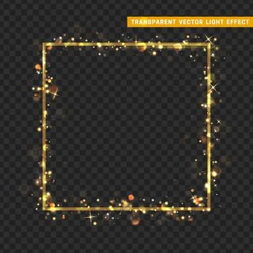 Gold frame with glowing lights and sparkle bokeh effects, isolated on trans.. Illustrazione stock