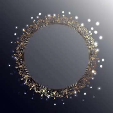 Gold frame on a gray background. Circle in gold ornament. Glowing sparks and  Stock Illustration