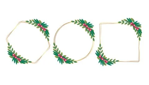Gold frame with Green Branches and Red Berries Stock Illustration