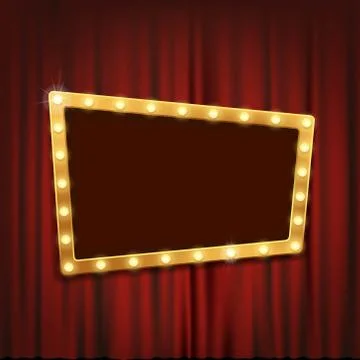 Gold frame with light bulbs on the red theatrical curtain. Stock Illustration
