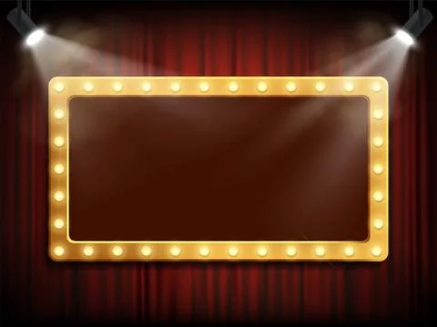 Gold frame with light bulbs on red velvet curtain. 스톡 일러스트