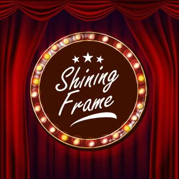 Gold Frame Light Bulbs Vector. Red Background. Theater Curtain. Silk Textile Stock Illustration