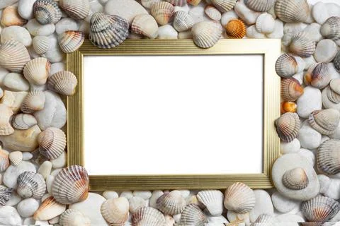 Gold Frame Mockup on Beach Stones and Shells Background 写真素材