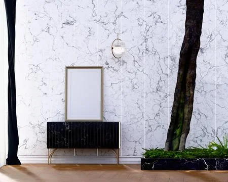 Gold frame mockup with marble wall and tree 3d render Stock Illustration