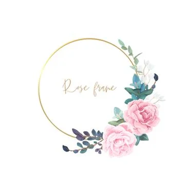 Gold frame with pale roses, eucalyptus leaves and succulent plants. Modern Stock Illustration