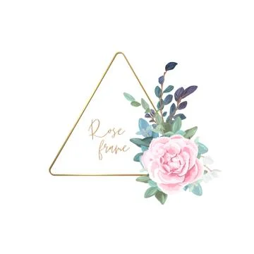 Gold frame with pale roses, eucalyptus leaves and succulent plants. Modern Stock Illustration