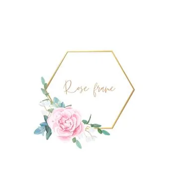 Gold frame with pale roses, eucalyptus leaves and succulent plants. Modern 库存插图