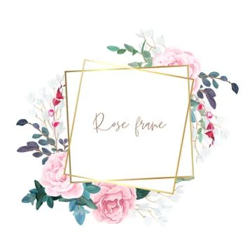 Gold frame with pale roses, eucalyptus leaves and succulent plants. Modern Stock Illustration