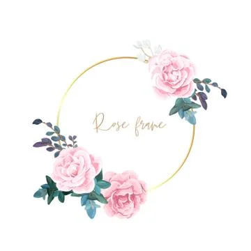 Gold frame with pale roses, eucalyptus leaves and succulent plants. Modern Stock Illustration