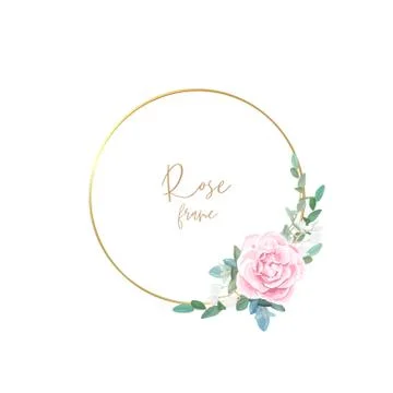 Gold frame with pale roses, eucalyptus leaves and succulent plants. Modern 库存插图
