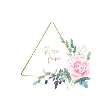 Gold frame with pale roses, eucalyptus leaves and succulent plants. Modern Illustration