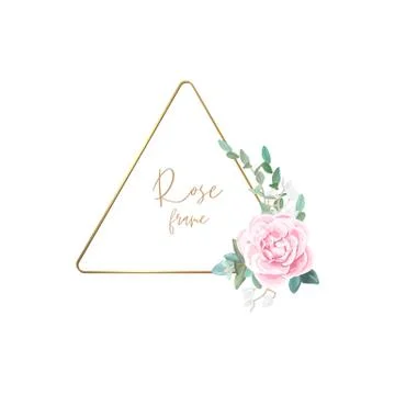 Gold frame with pale roses, eucalyptus leaves and succulent plants. Modern Stock Illustration