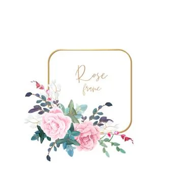 Gold frame with pale roses, eucalyptus leaves and succulent plants. Modern Stock Illustration