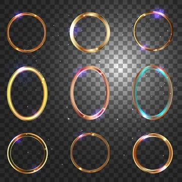 Gold frame. Round and oval frames for designs and photos. Glowing sparkles and Illustrazione stock