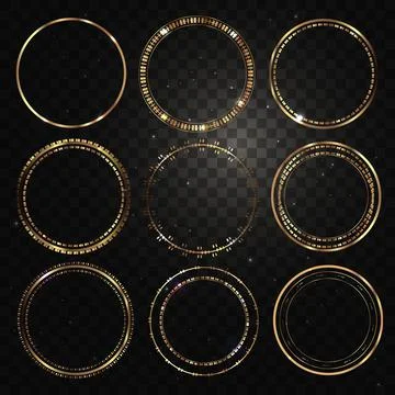 Gold frame. Round frames for designs and photos. Glowing sparkles and stars on Stock Illustration