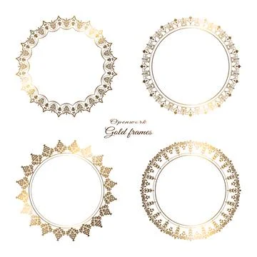 Gold frame round. Openwork ornament. Geometric set of four frames with gold p Stock Illustration