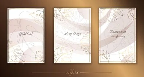 Gold frame. Set of gilded monstera leaves and twigs. Modern minimalist design Stock Illustration