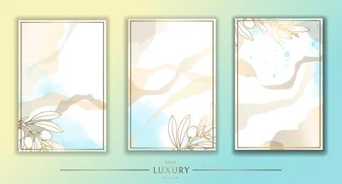 Gold frame. Set of gilded olive leaves and branches. Blue watercolor stains Stock Illustration