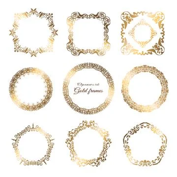 Gold frame set. Openwork floral ornament. Geometric set with gold pattern Stock Illustration