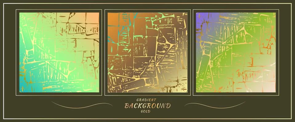 Gold frame. A set of three textures. Kintsugi on a gradient background. Gold  Stock Illustration