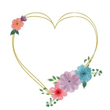 Gold frame in the shape of a heart. Frame, decorated with a bouquet of flower Stock Illustration