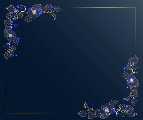 Gold frame. Square. Corner frame. Gold flowers and twigs on a dark gray Stock Illustration