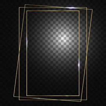 Gold frame. Square frame for designs and photos. Glowing sparkles and stars on Stock Illustration
