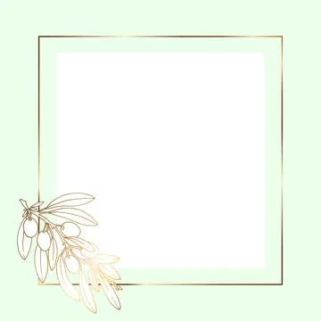 Gold frame square. Luxury square banner with olive branch and olives. Pastel Illustrazione stock