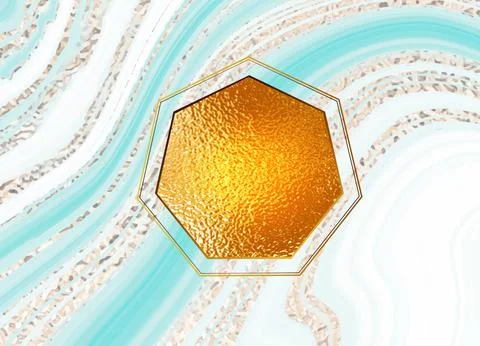 Gold frame. Vector hexagonal frame. Marble blue background with gold. Place f Stock Illustration