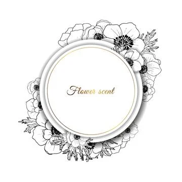 Gold frame. Vector round frame with summer flowers in vintage style. Black and Stock Illustration