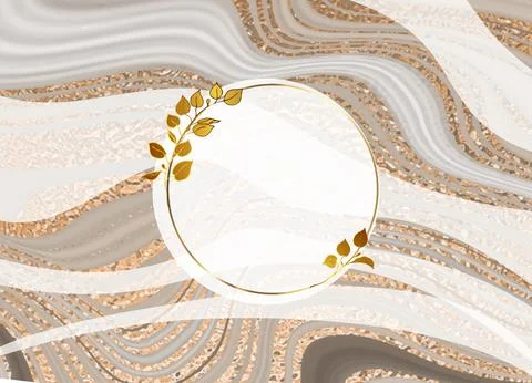 Gold frame. Vector round frame. Marble brown background with gold. Design wit Stock Illustration