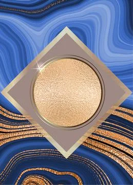 Gold frame. Vector round frame. Rhombus. Marble blue background with gold. Place Stock Illustration
