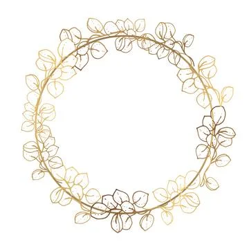 Gold frame. Vector round frame with golden branches in vintage style. White b Stock Illustration