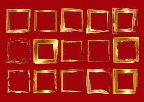 Gold frames set, Christmas theme square shaped old golden border brush stroke Stock Illustration