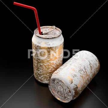 Gold frozen aluminum beer or soda cans with red straw isolated on