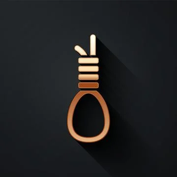 Gold Gallows rope loop hanging icon isolated on black background. Rope tied into Stock Illustration