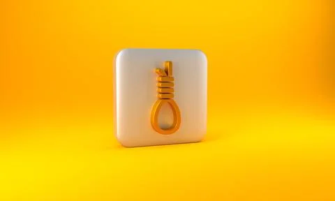 Gold Gallows rope loop hanging icon isolated on yellow background. Rope tied Illustrazione stock