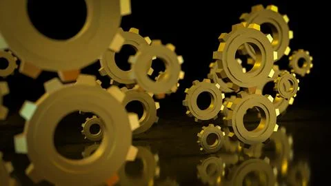The Gold gear in Black Background  for technology or Abstract  concept 3d r.. Stock Illustration