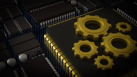 The Gold Gear on Chip for Technology or IT concept 3d Rendering. Stock Illustration