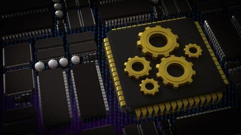 The Gold Gear on Chip for Technology or IT concept 3d Rendering. Stock Illustration