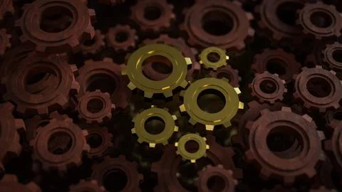 The Gold gear for engineering or team work concept 3d Rendering. Illustrazione stock