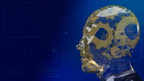 Gold gear inside human crystal head for ai or machine learning for technolo.. Illustrazione stock
