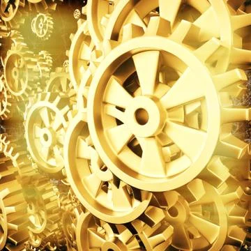 Gold gears and cogs macro Illustrazione stock
