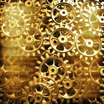 Gold gears and cogs macro Illustrazione stock