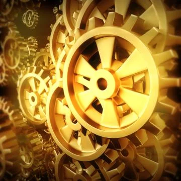 Gold gears and cogs macro Illustrazione stock