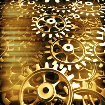 Gold gears and cogs macro Illustrazione stock