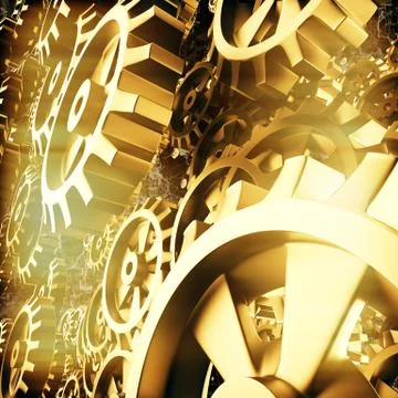 Gold gears and cogs macro Illustrazione stock