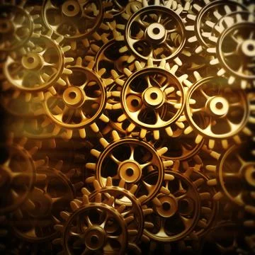 Gold gears and cogs macro Illustrazione stock